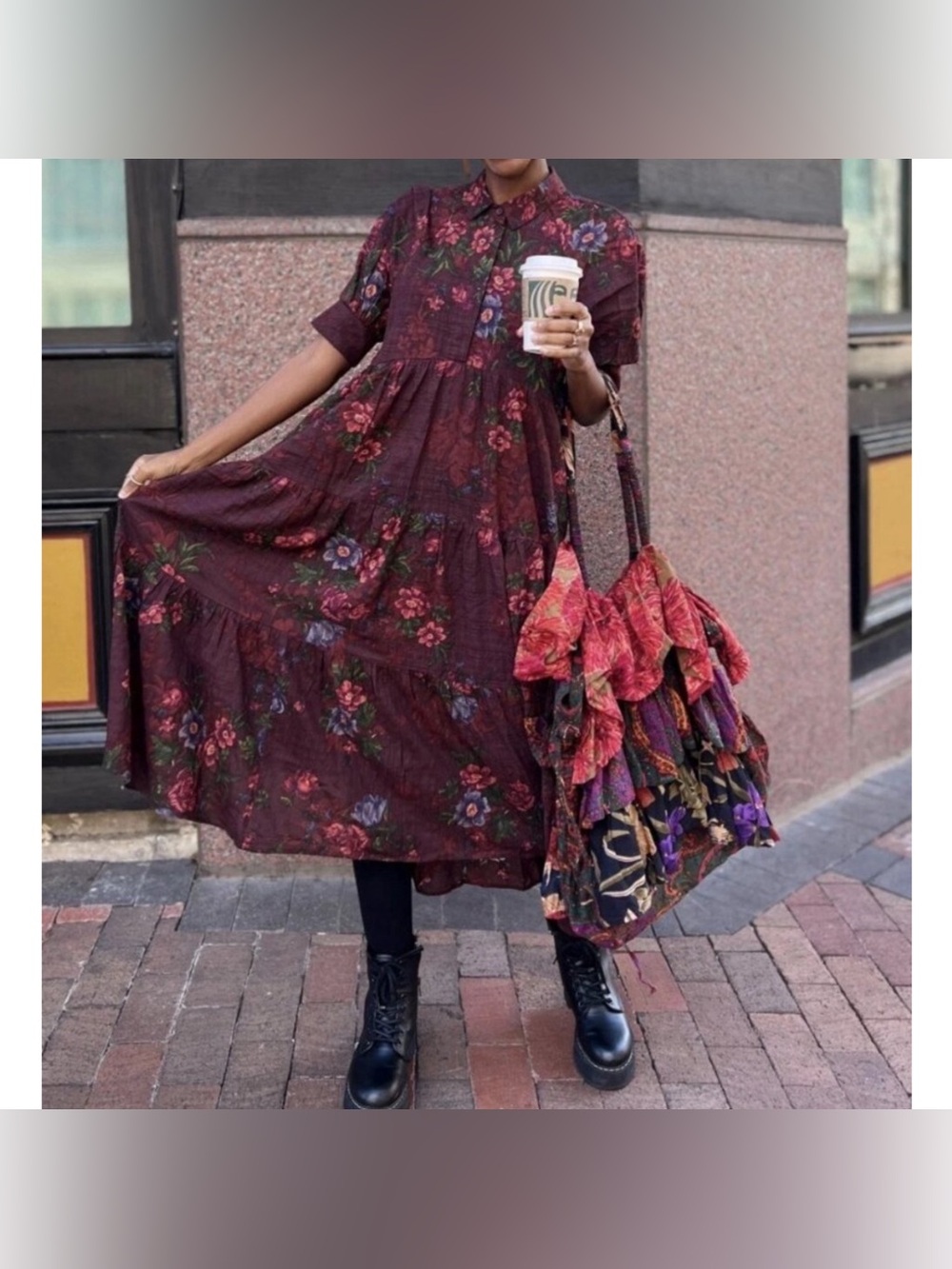 Natural Life Rebecca Floral Boho Maxi Dress Burgundy Tiered Cottage Pockets M